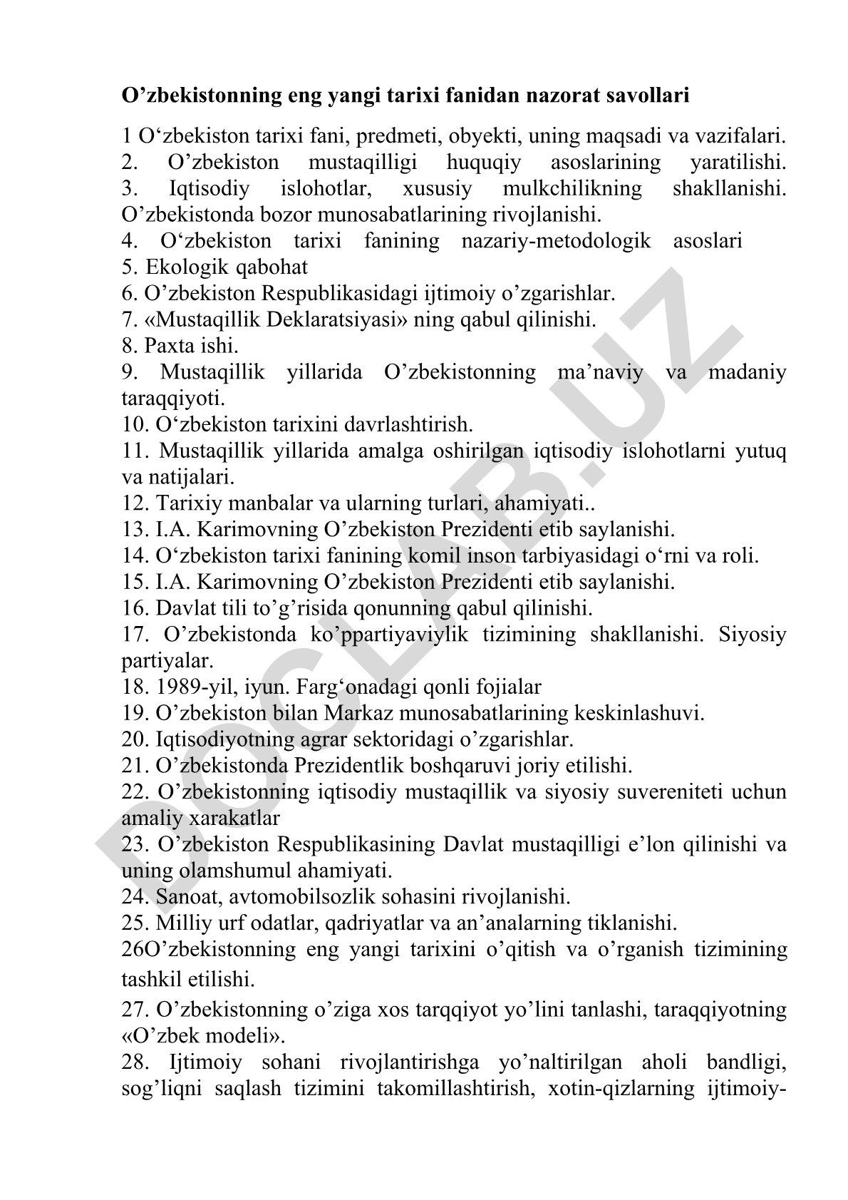 O'zbekiston tarixi fanidan nazorat savollari