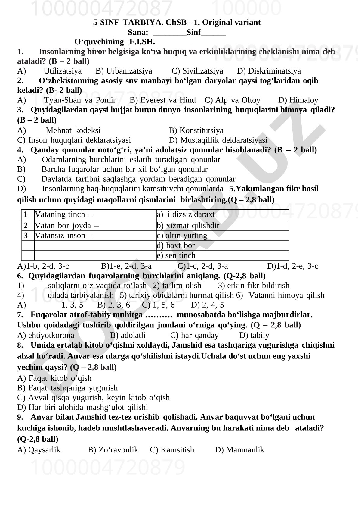 5-sinf Tarbiya fanidan ChSB-1 test savollari