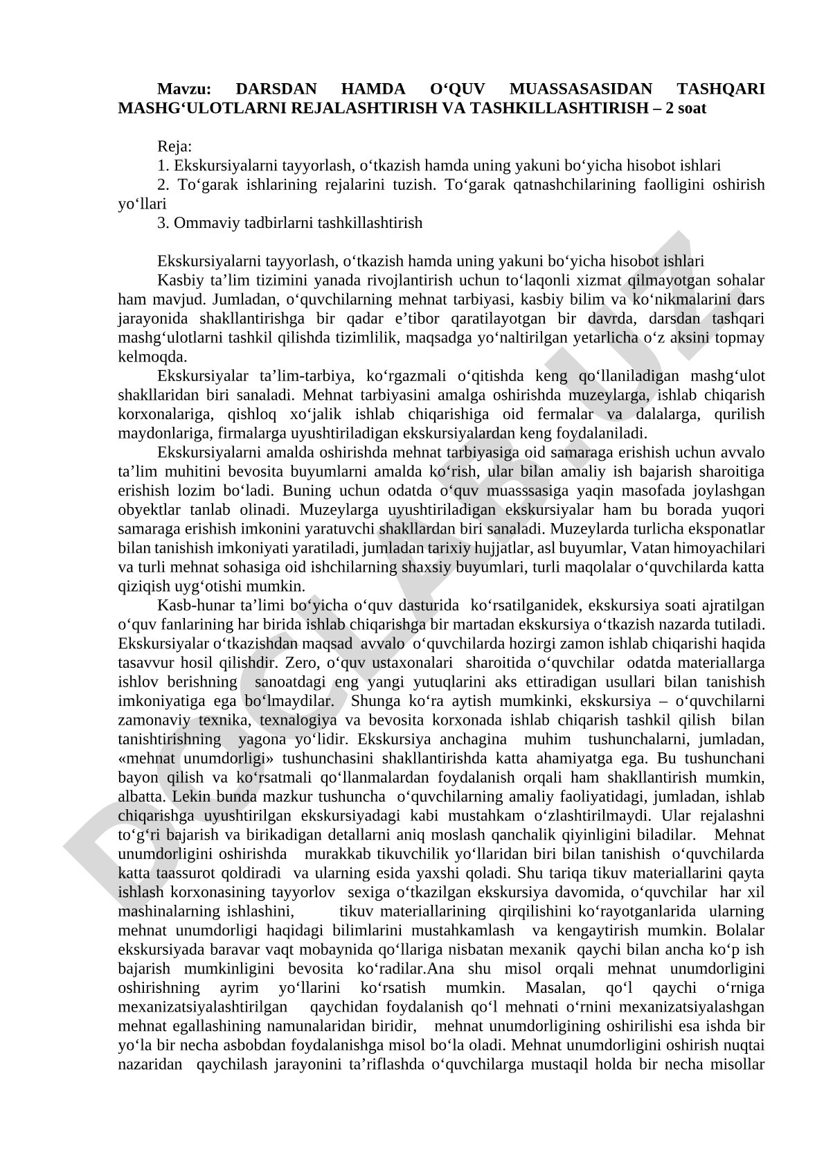 DARSDAN HAMDA O‘QUV MUASSASASIDAN TASHQARI MASHG‘ULOTLARNI REJALASHTIRISH VA TASHKILLASHTIRISH