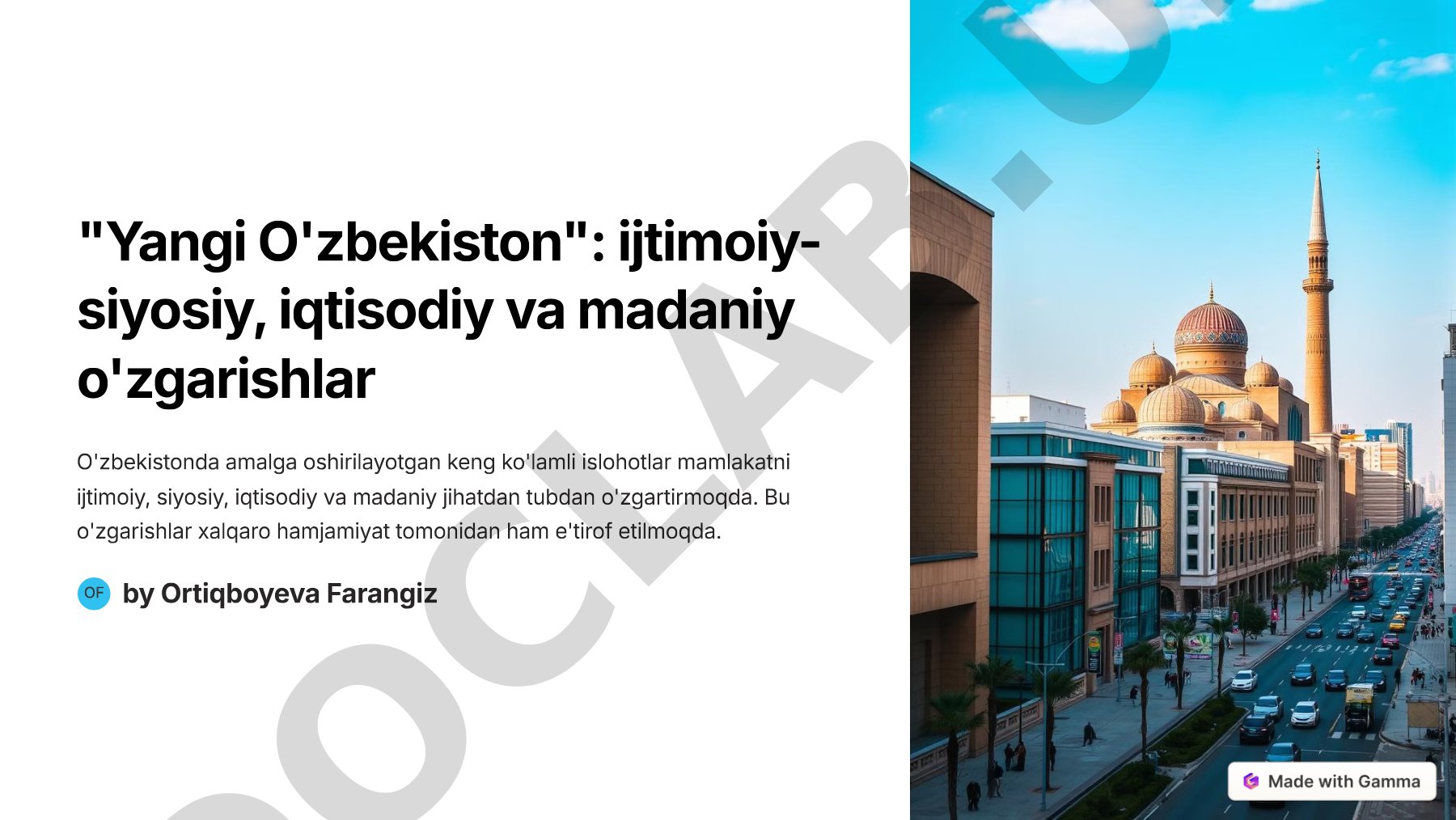 Yangi O'zbekiston: ijtimoiy- siyosiy, iqtisodiy va madaniy o'zgarishlar