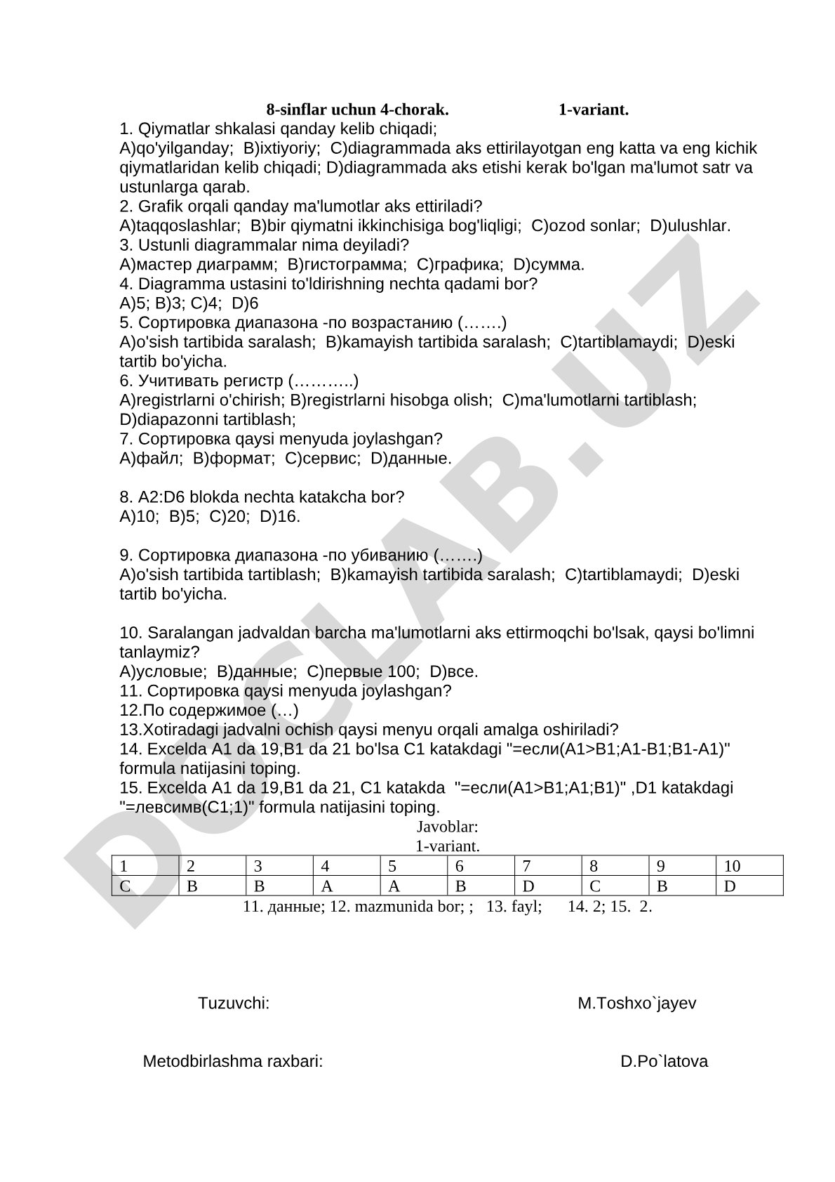 8-sinflar uchun 4-chorak. 1-variant.