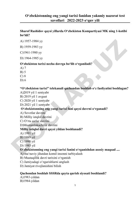 O‘zbekistonning eng yangi tarixi fanidan yakuniy nazorat test savollari