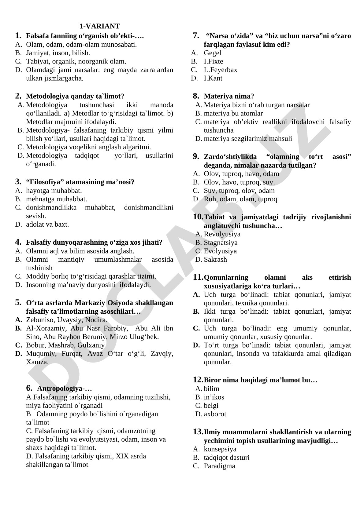 Falsafa fanidan test savollari