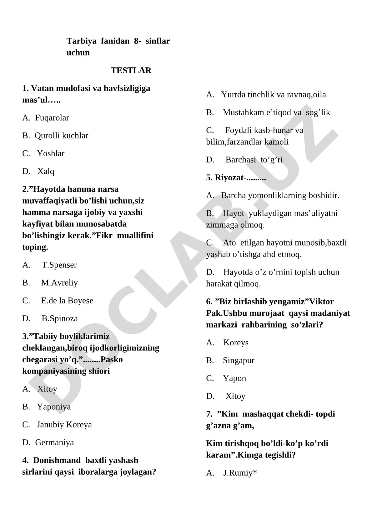 Tarbiya fanidan 8- sinflar uchun testlar