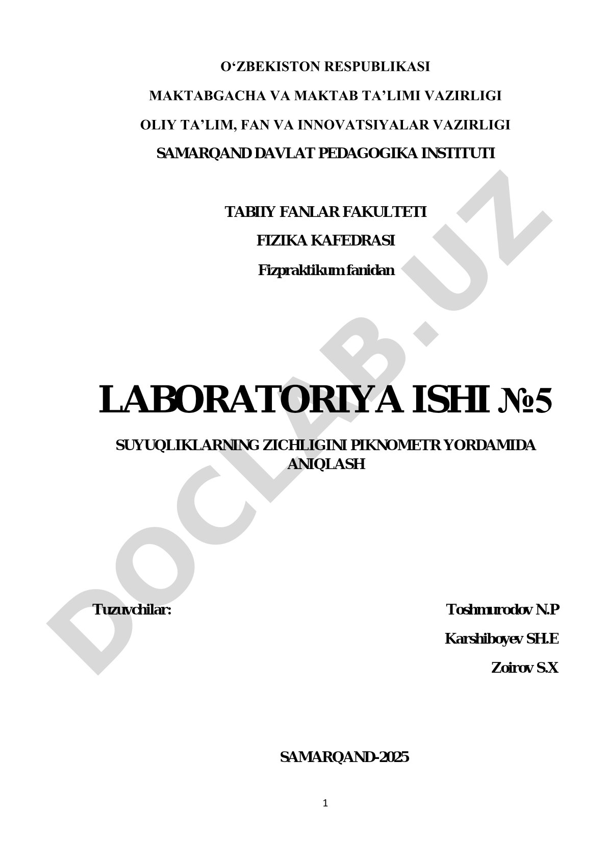 Suyuqliklarning zichligini piknometr yordamida aniqlash