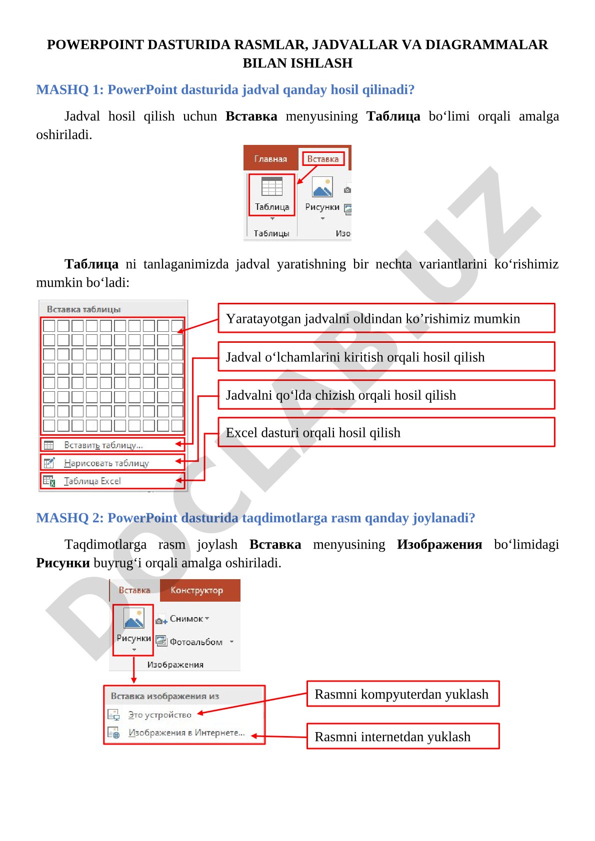 POWERPOINT DASTURIDA RASMLAR, JADVALLAR VA DIAGRAMMALAR BILAN ISHLASH
