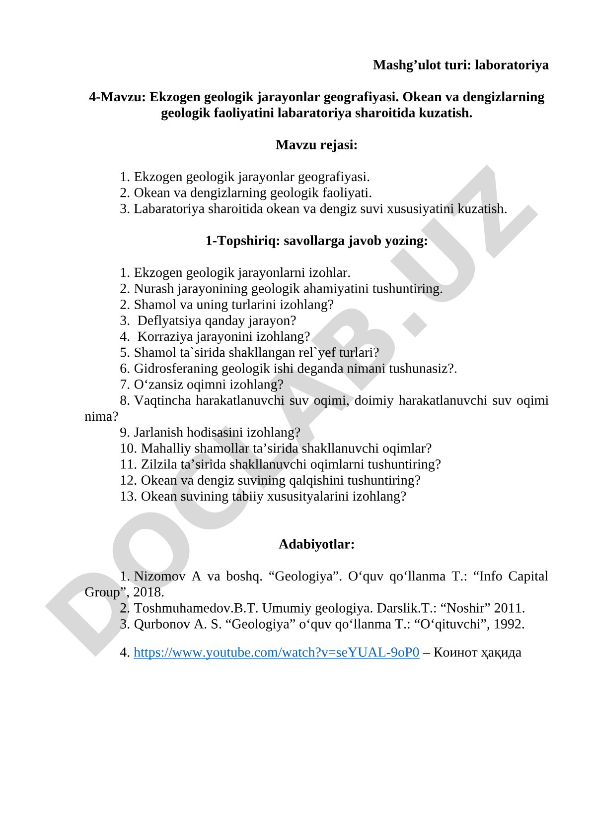 Ekzogen geologik jarayonlar geografiyasi. Okean va dengizlarning geologik faoliyatini labaratoriya sharoitida kuzatish.