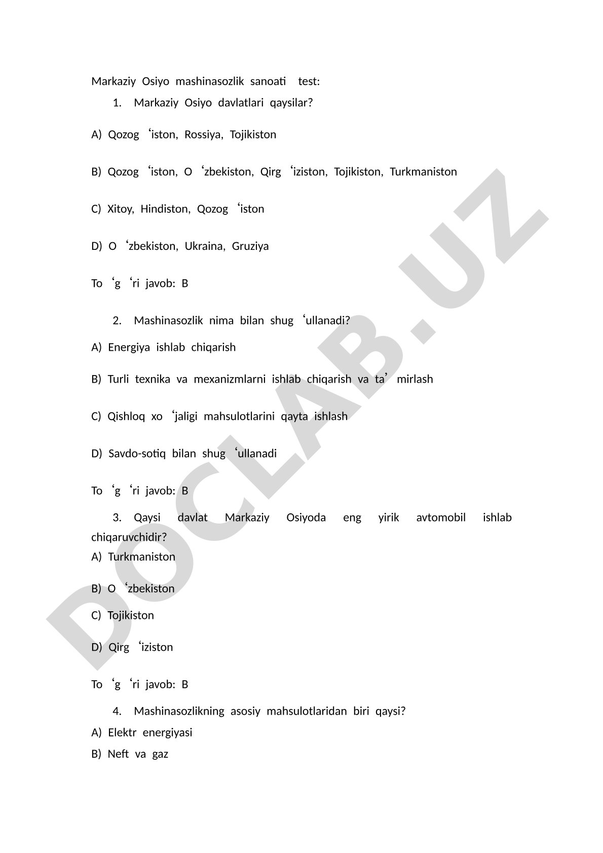 Markaziy Osiyo mashinasozlik sanoati test