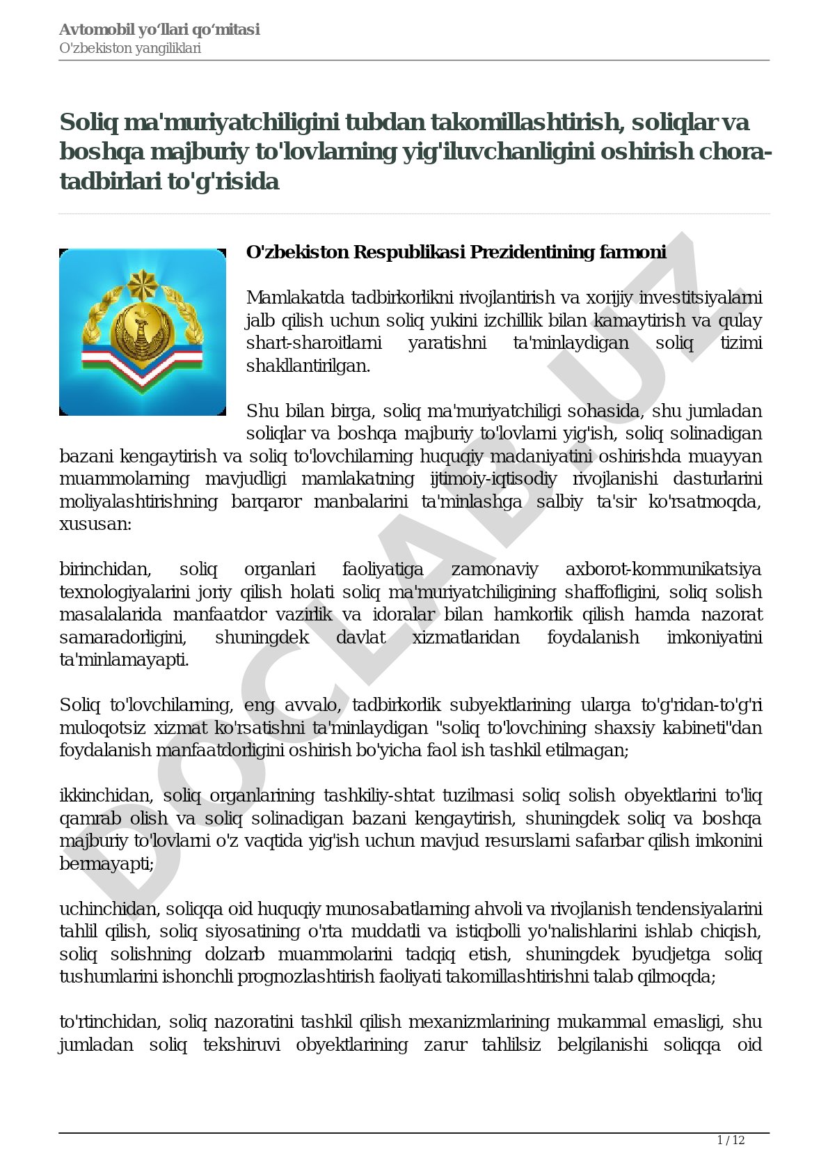 Soliq ma'muriyatchiligini tubdan takomillashtirish, soliqlar va boshqa majburiy to'lovlarning yig'iluvchanligini oshirish chora-tadbirlari to'g'risida