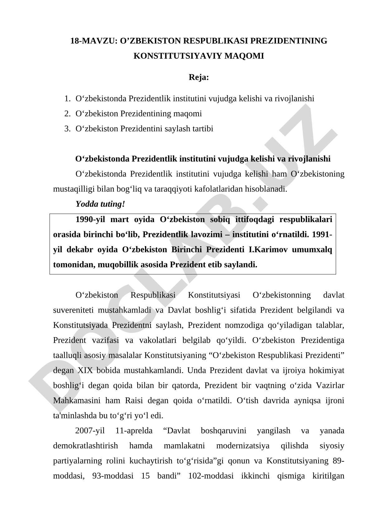 O‘zbekiston Respublikasi Prezidentining konstitutsiyaviy maqomi