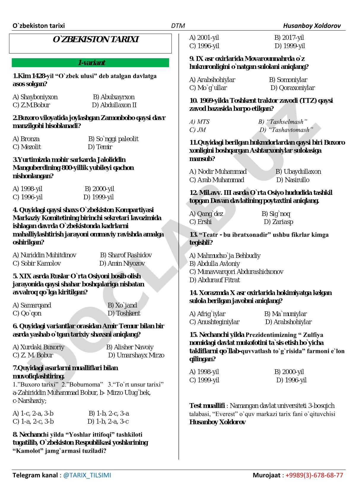 O'zbekiston tarixi 1-variant test savollari