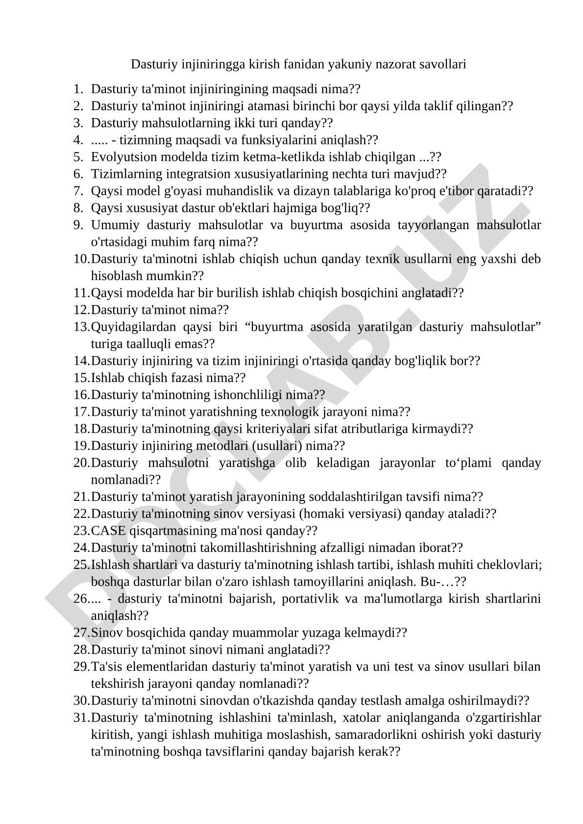 Dasturiy injiniringga kirish fanidan yakuniy nazorat savollari
