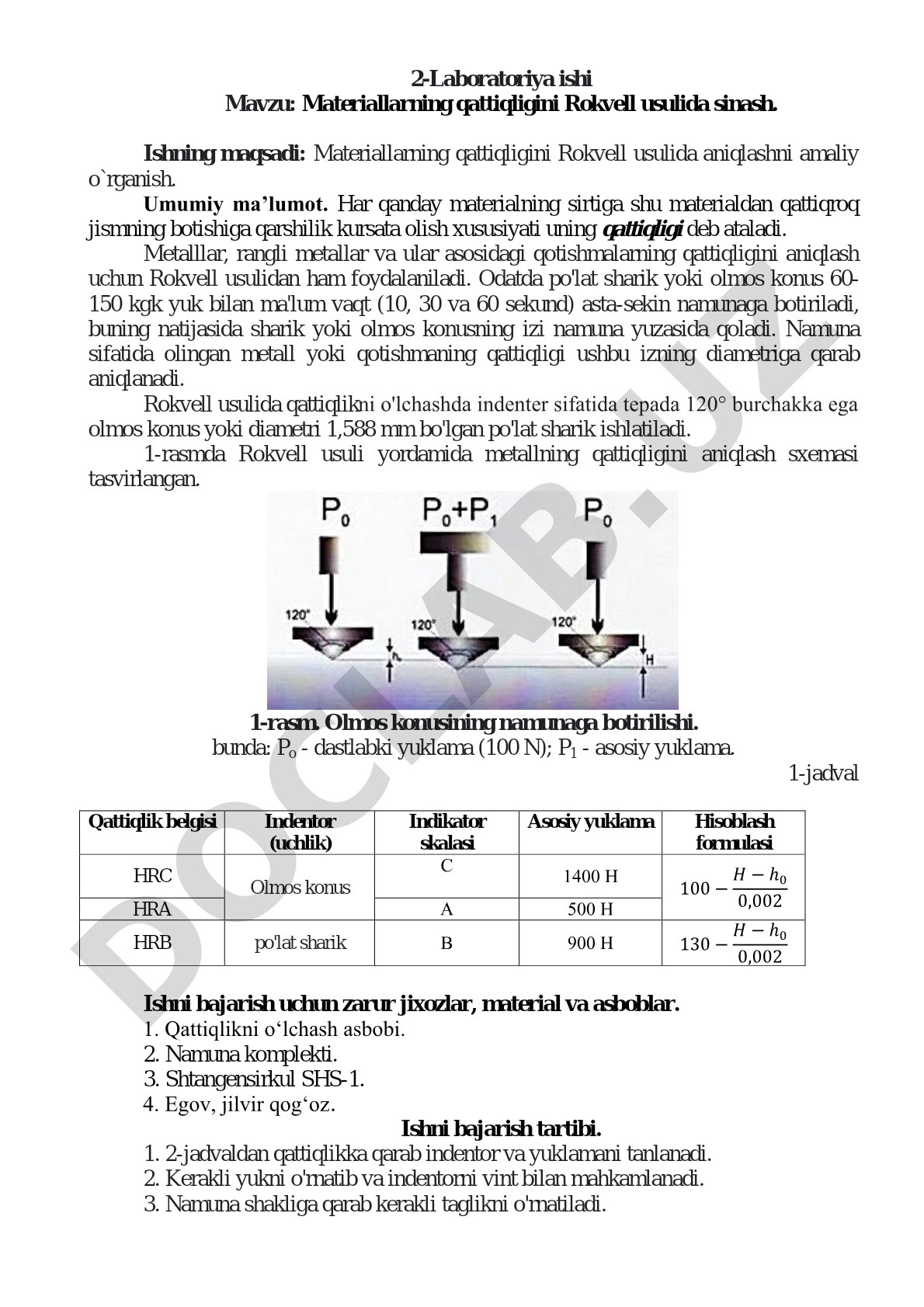 Materiallarning qattiqligini Rokvell usulida sinash