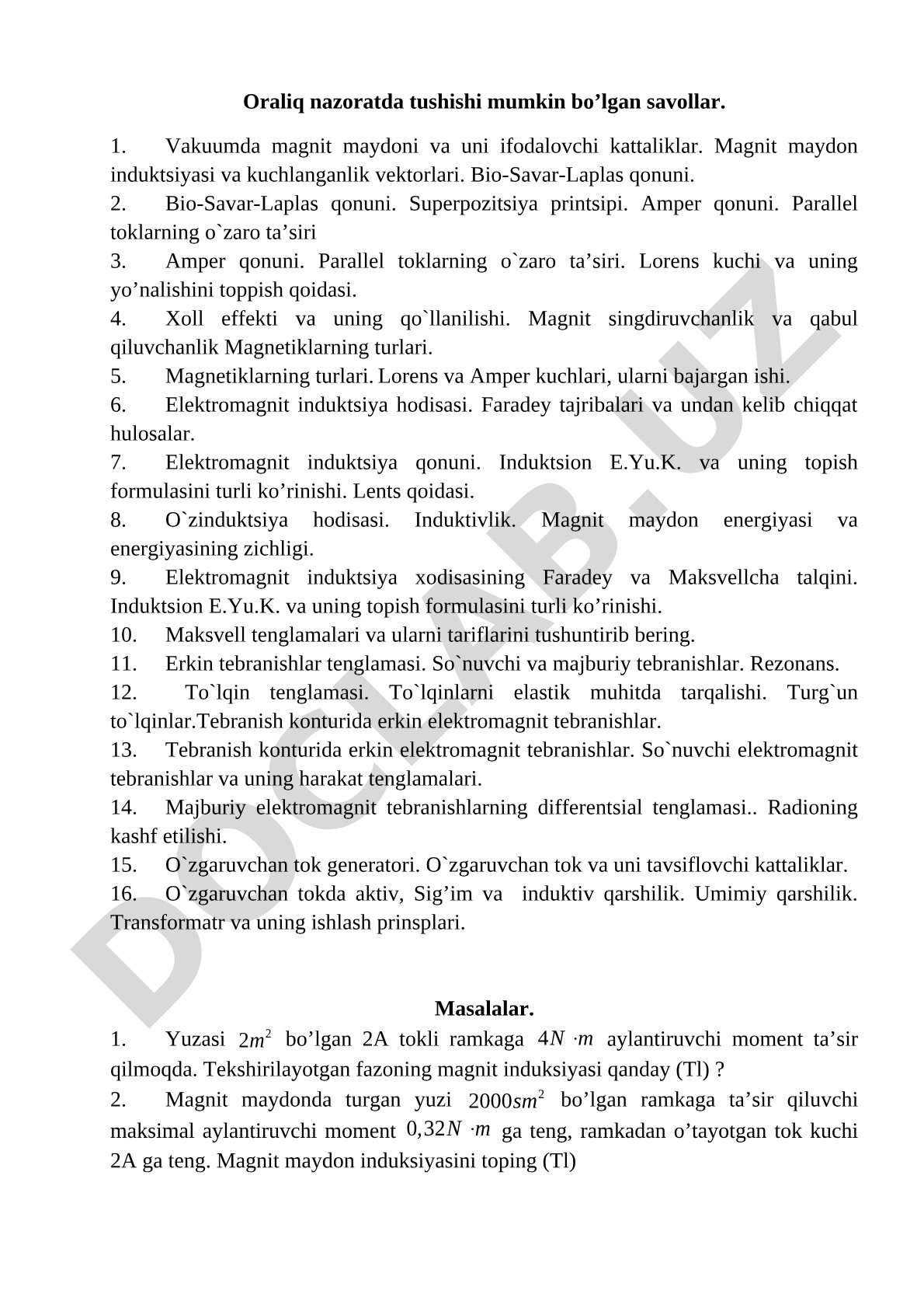 Elektromagnetizm va tebranishlar bo'yicha oraliq nazorat savollari