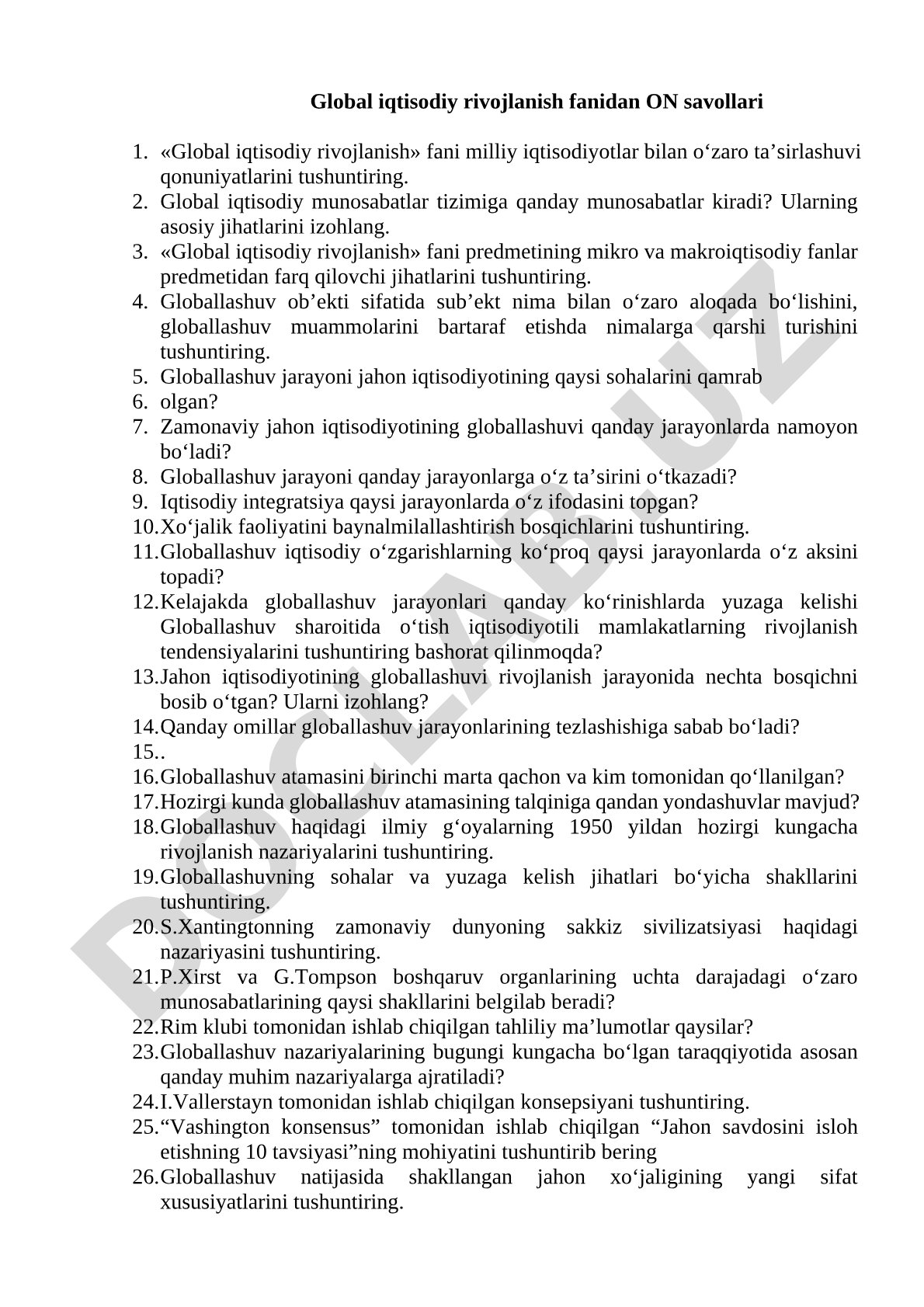 Global iqtisodiy rivojlanish fanidan ON savollari