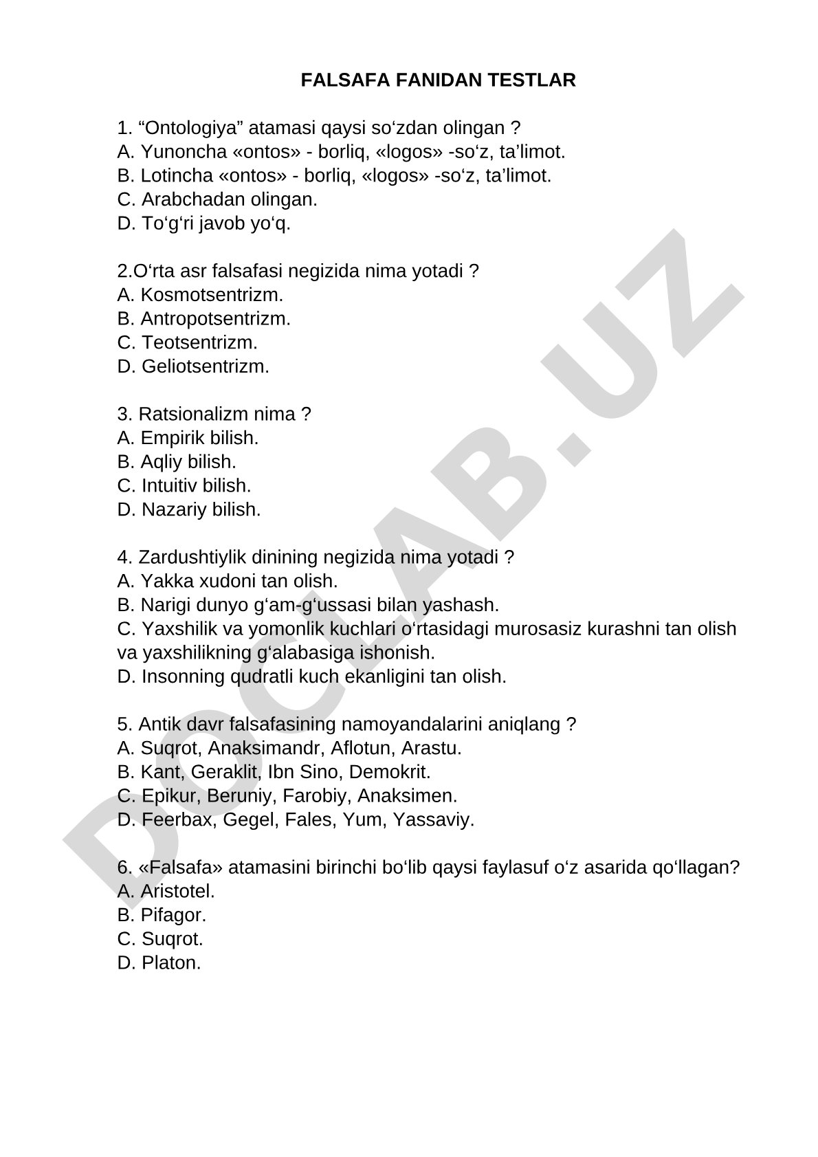 Falsafa fanidan testlar