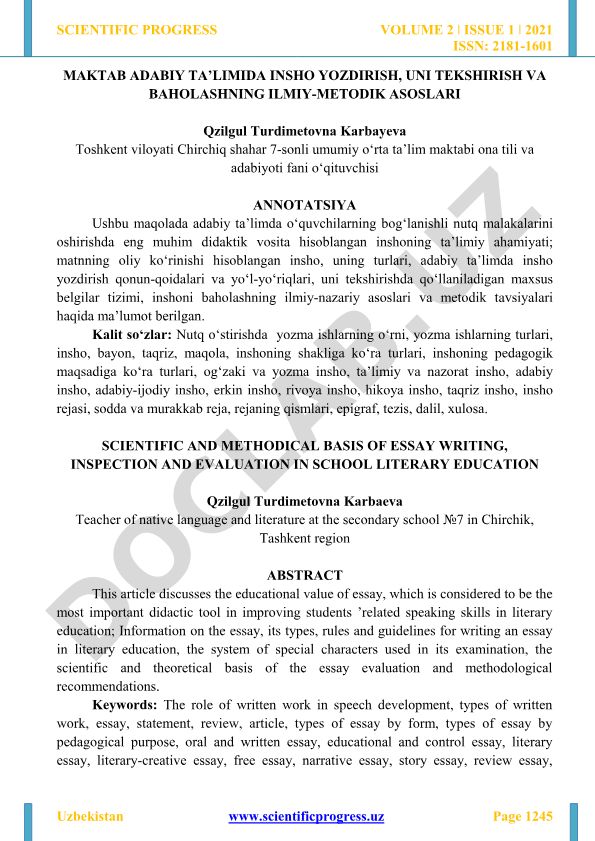 Maktab adabiy ta'limida insho yozdirish, uni tekshirish va baholashning ilmiy-metodik asoslari