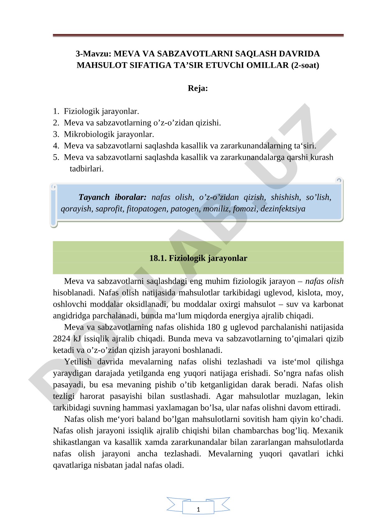 MEVA VA SABZAVOTLARNI SAQLASH DAVRIDA MAHSULOT SIFATIGA TA’SIR ETUVChI OMILLAR