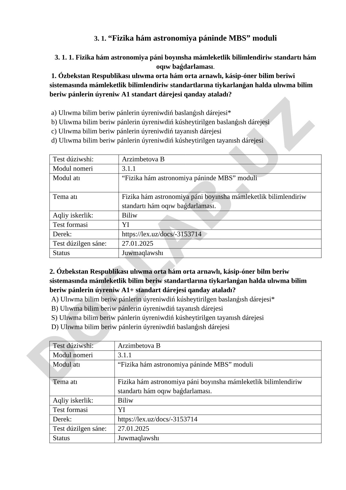 Fizika hám astronomiya páni boyınsha mámleketlik bilimlendiriw standartı hám oqıw baǵdarlaması