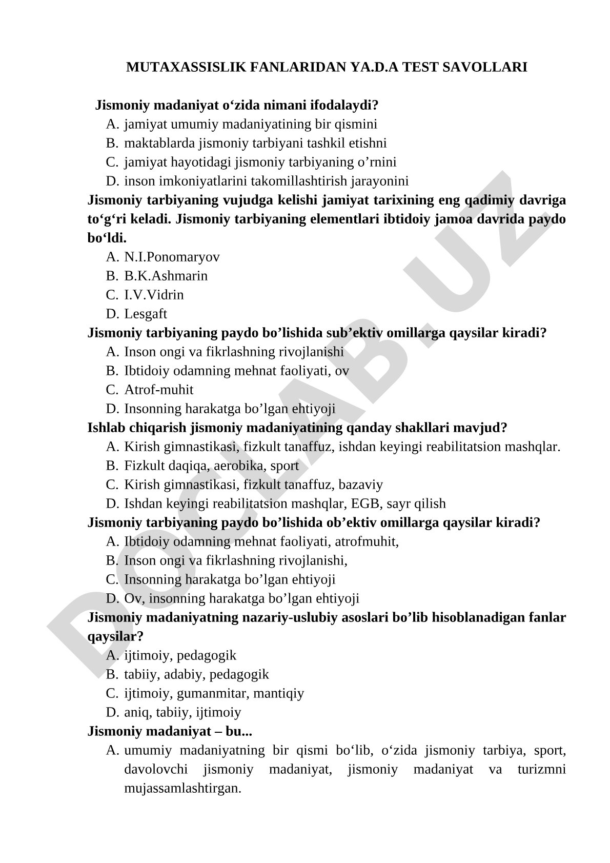 Jismoniy madaniyat fanidan test savollari