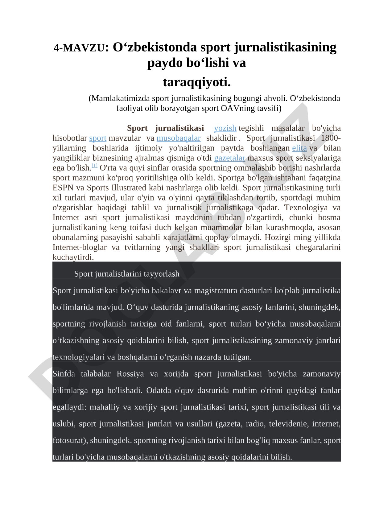 O‘zbekistonda sport jurnalistikasining paydo bo‘lishi va taraqqiyoti