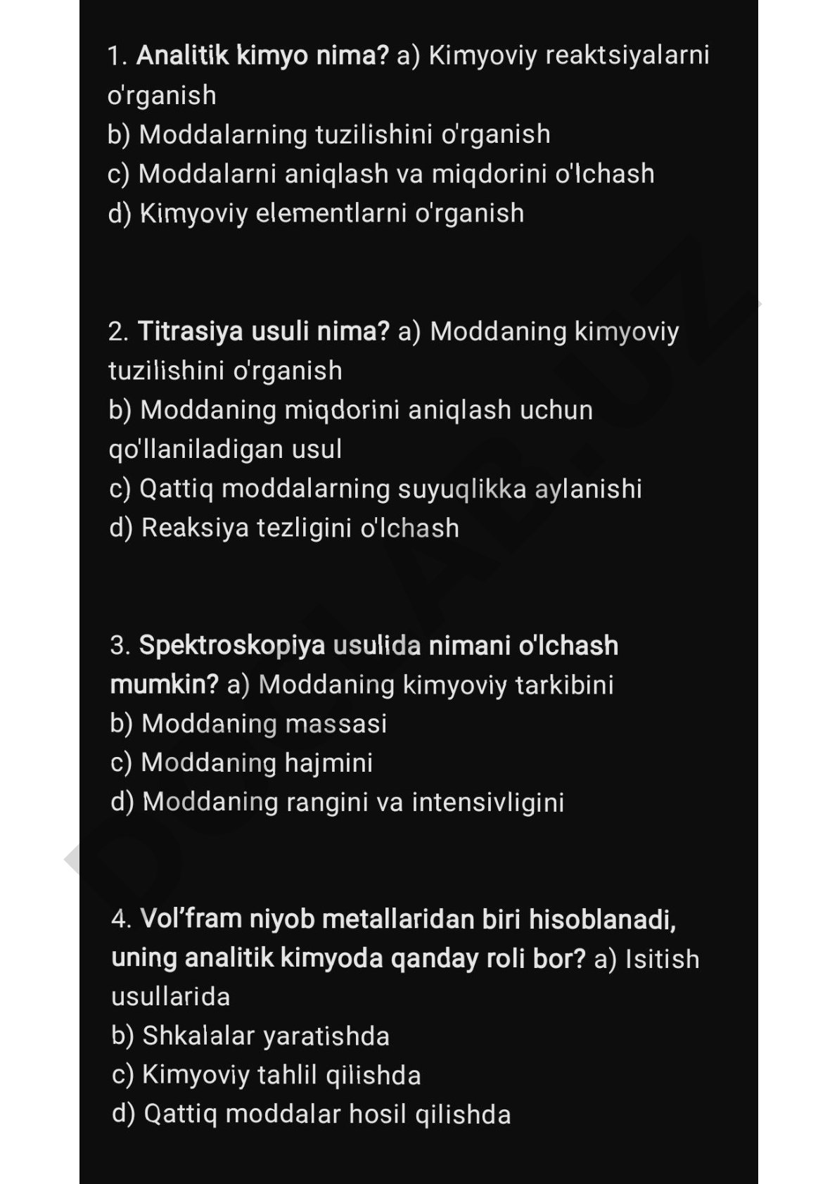 Analitik kimyo fanidan test savollari