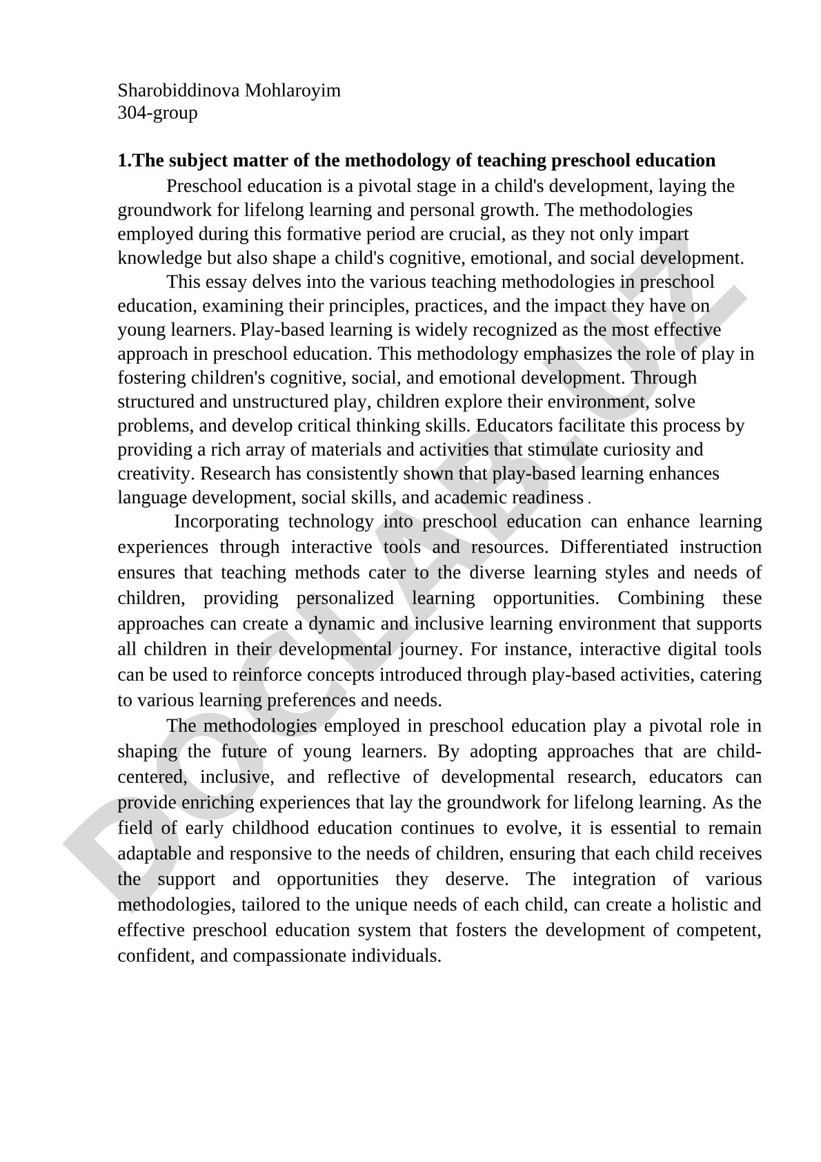 The subject matter of the methodology of teaching preschool education