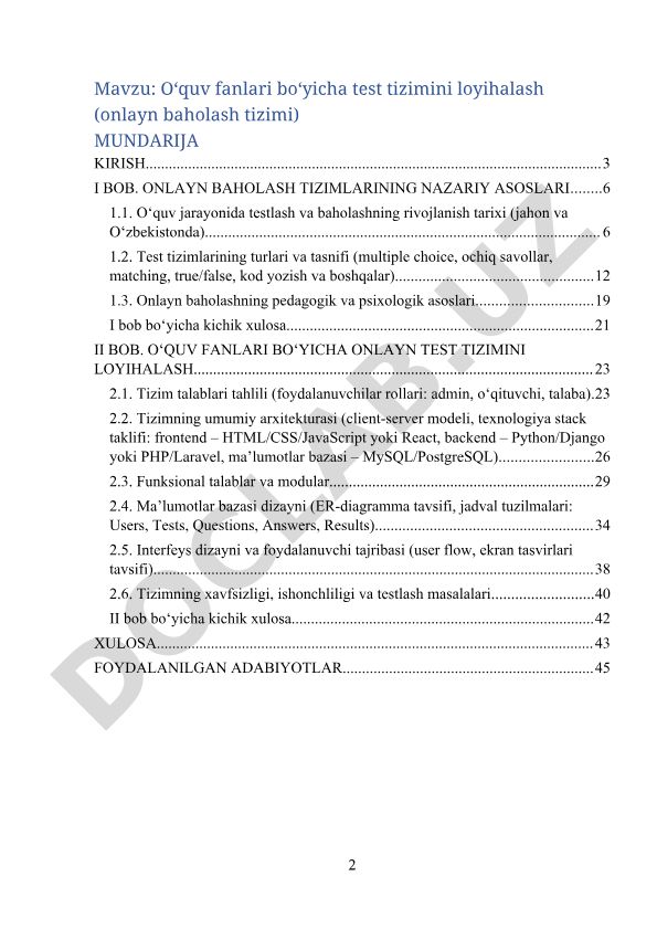 O‘quv fanlari bo‘yicha test tizimini loyihalash (onlayn baholash tizimi)