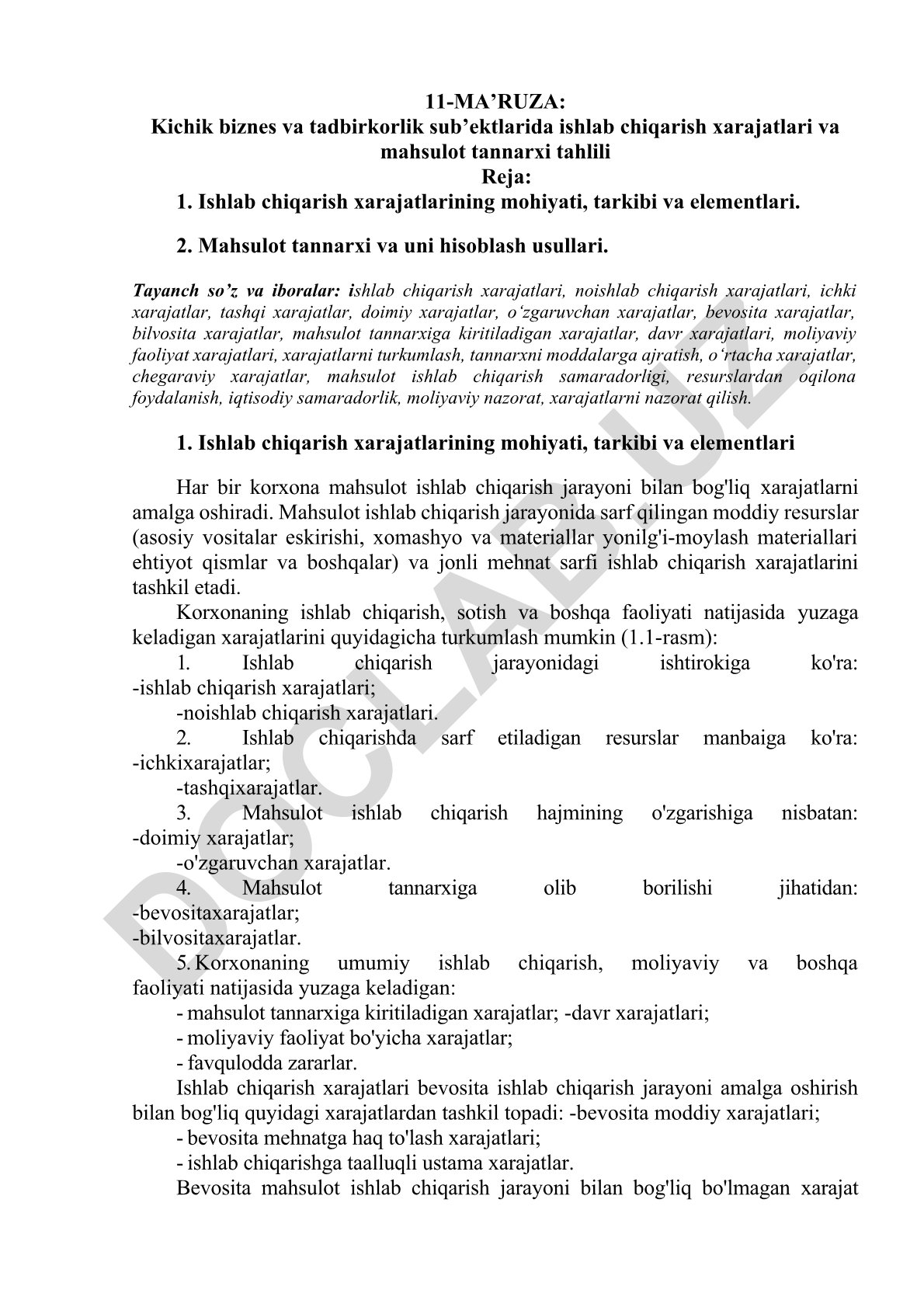 Kichik biznes va tadbirkorlik sub'ektlarida ishlab chiqarish xarajatlari va mahsulot tannarxi tahlili