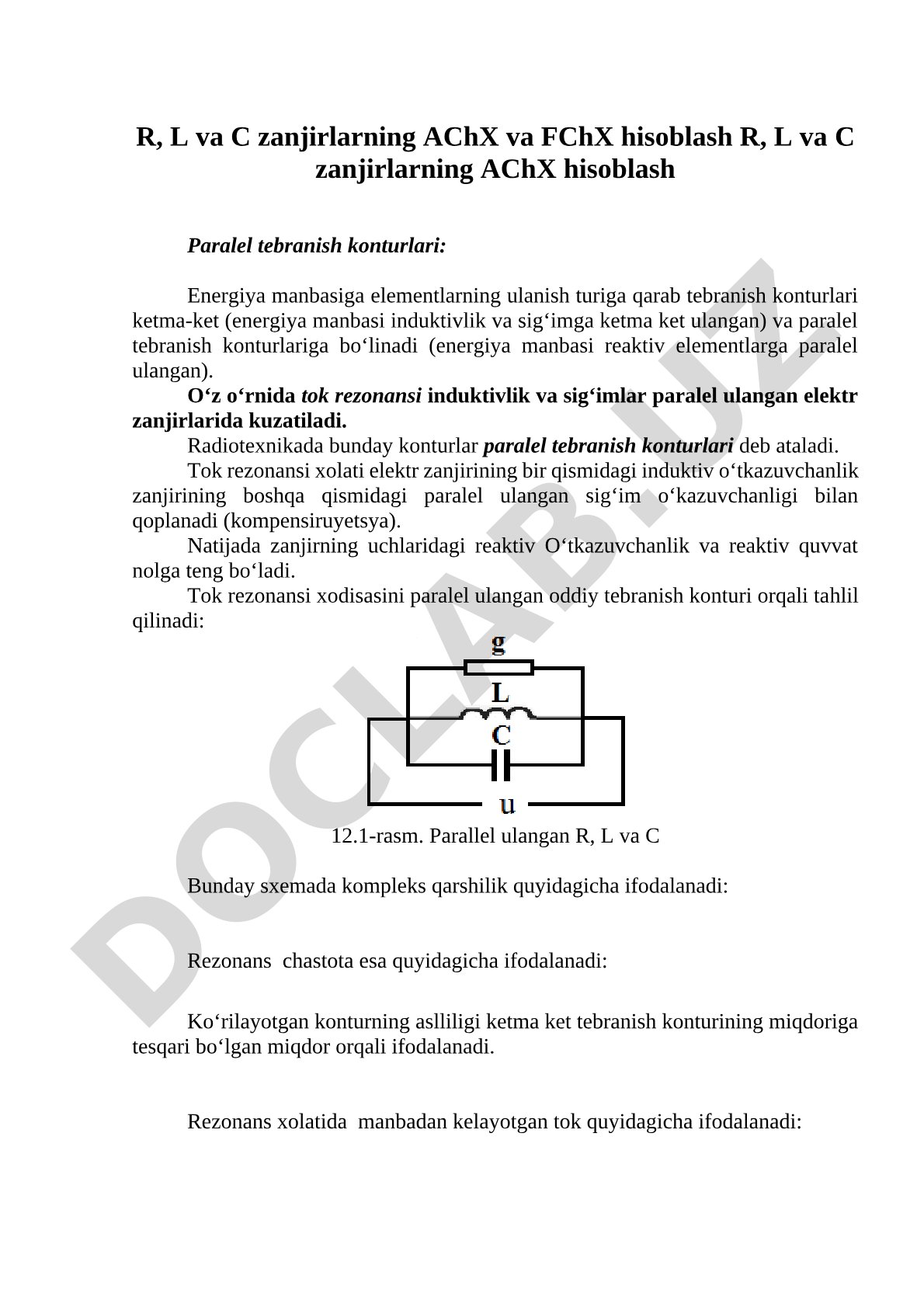 R, L va C zanjirlarning AChX va FChX hisoblash