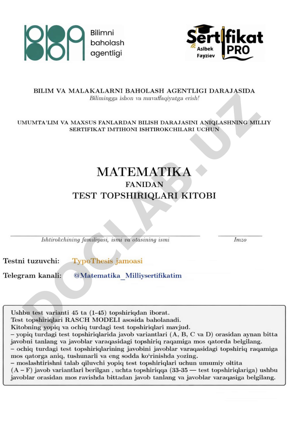 Milliy sertifikat matematika test topshiriqlari