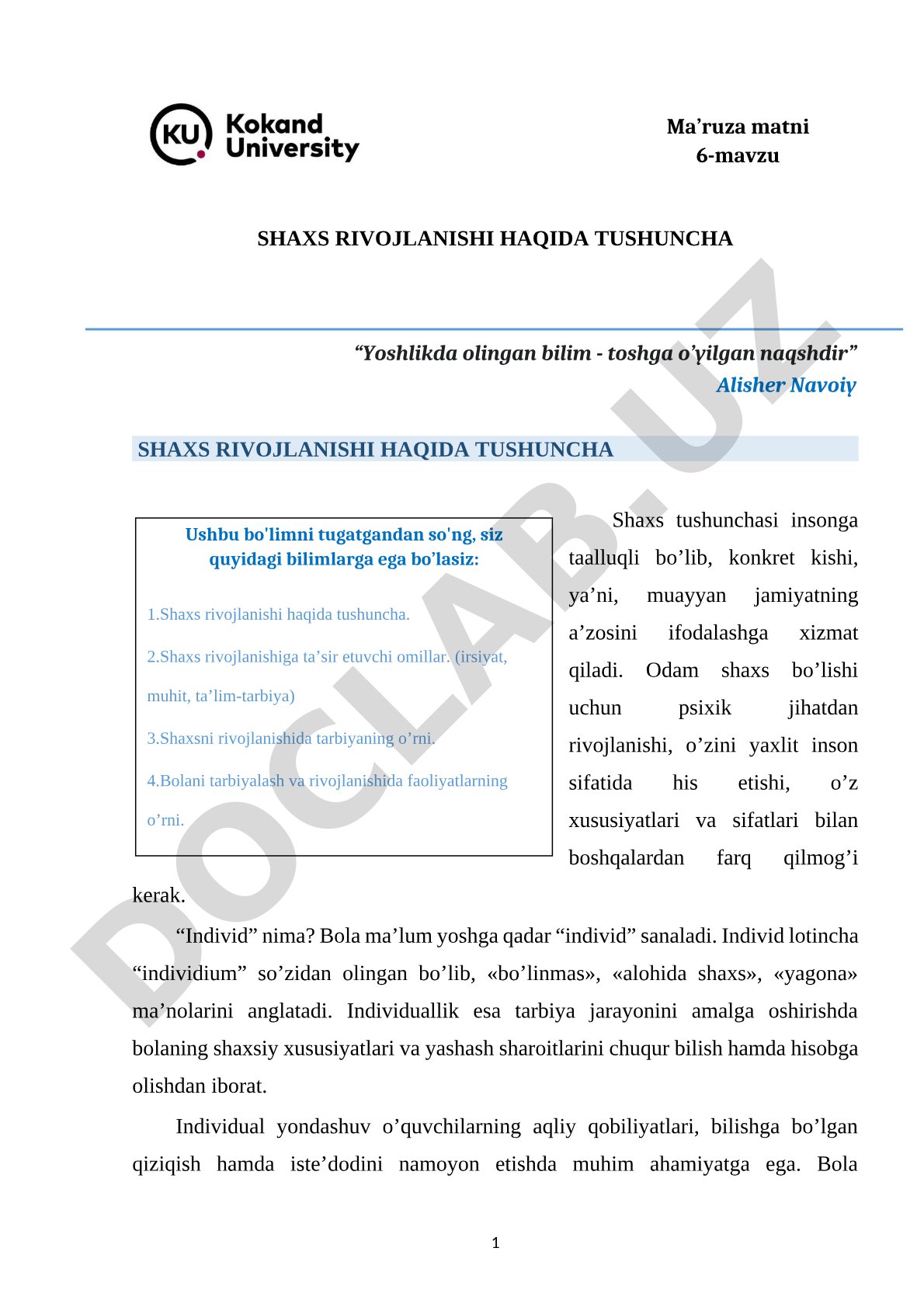 Shaxs rivojlanishi haqida tushuncha
