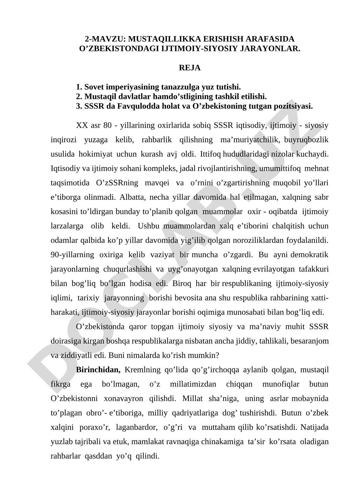 Mustaqillikka erishish arafasida O'zbekistondagi ijtimoiy-siyosiy jarayonlar
