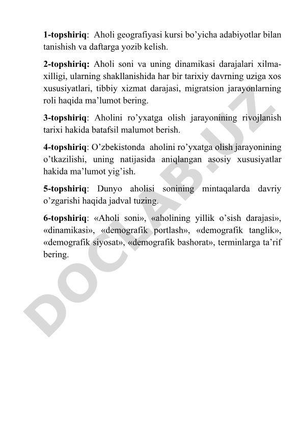 Aholi geografiyasi kursi topshiriqlari