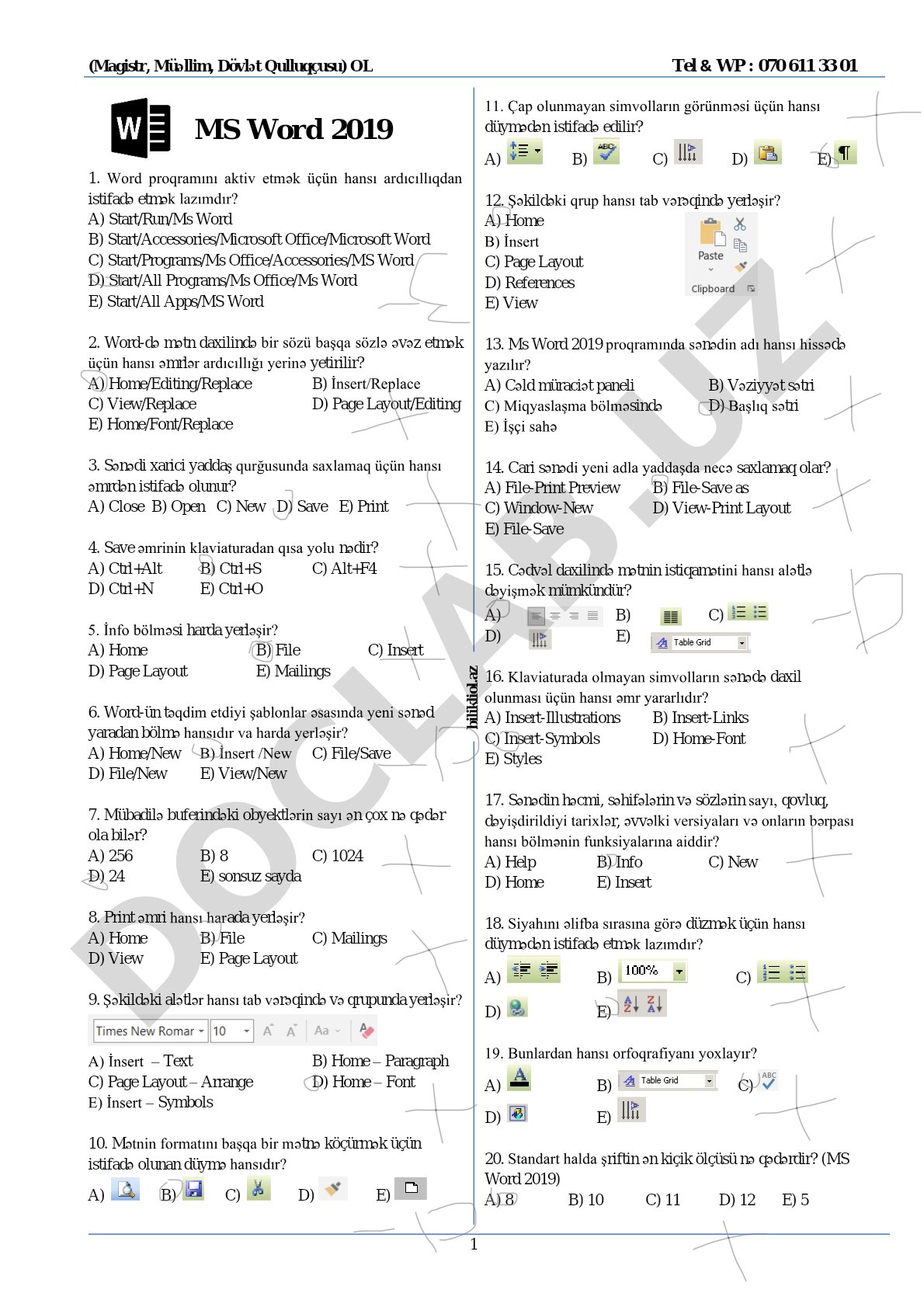 Microsoft Word proqramı üzrə test sualları