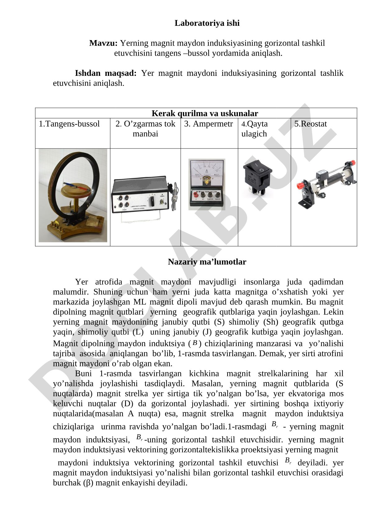 Yerning magnit maydon induksiyasining gorizontal tashkil etuvchisini tangens-bussol yordamida aniqlash
