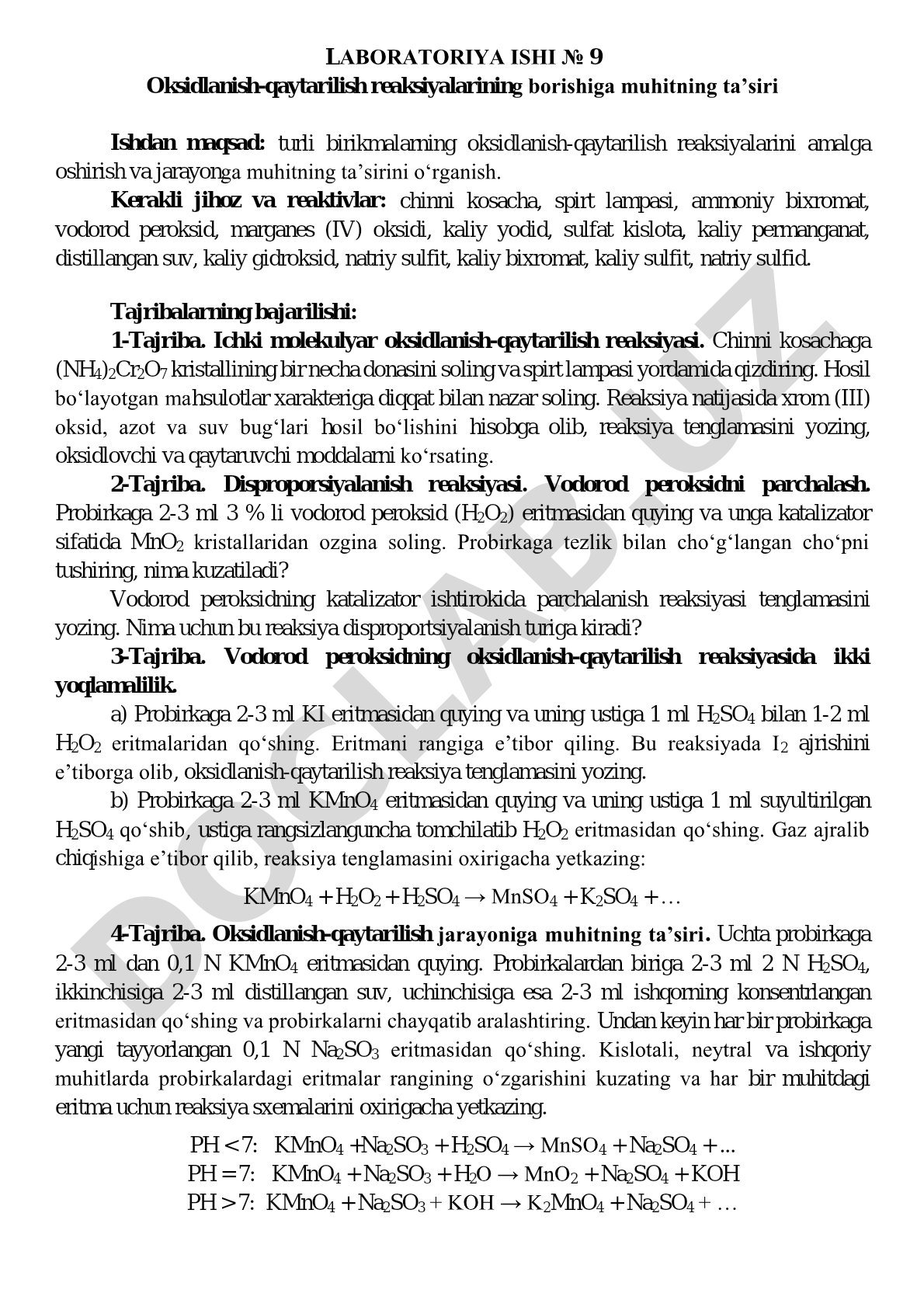 Oksidlanish-qaytarilish reaksiyalarining borishiga muhitning ta’siri