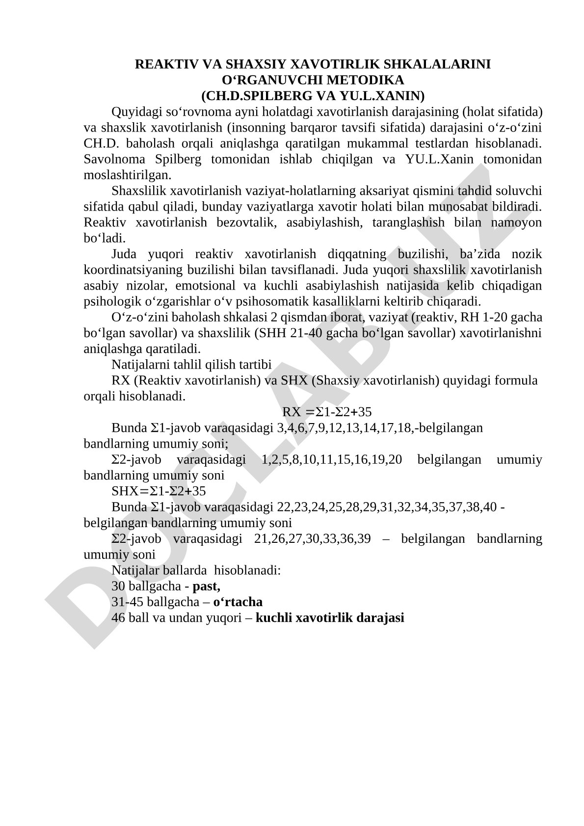 Reaktiv va shaxsiy xavotirlik shkalalarini o‘rganuvchi metodika (Ch.D.Spilberg va Yu.L.Xanin)