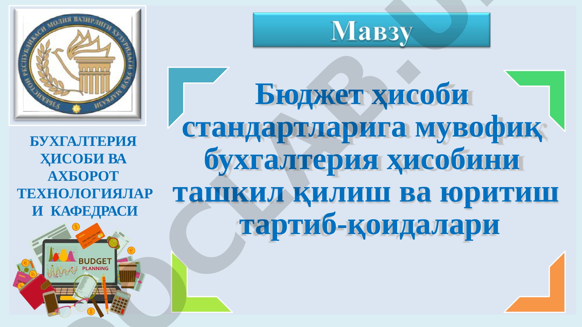 Бюджет ҳисоби стандартларига мувофиқ бухгалтерия ҳисобини ташкил қилиш ва юритиш тартиб-қоидалари