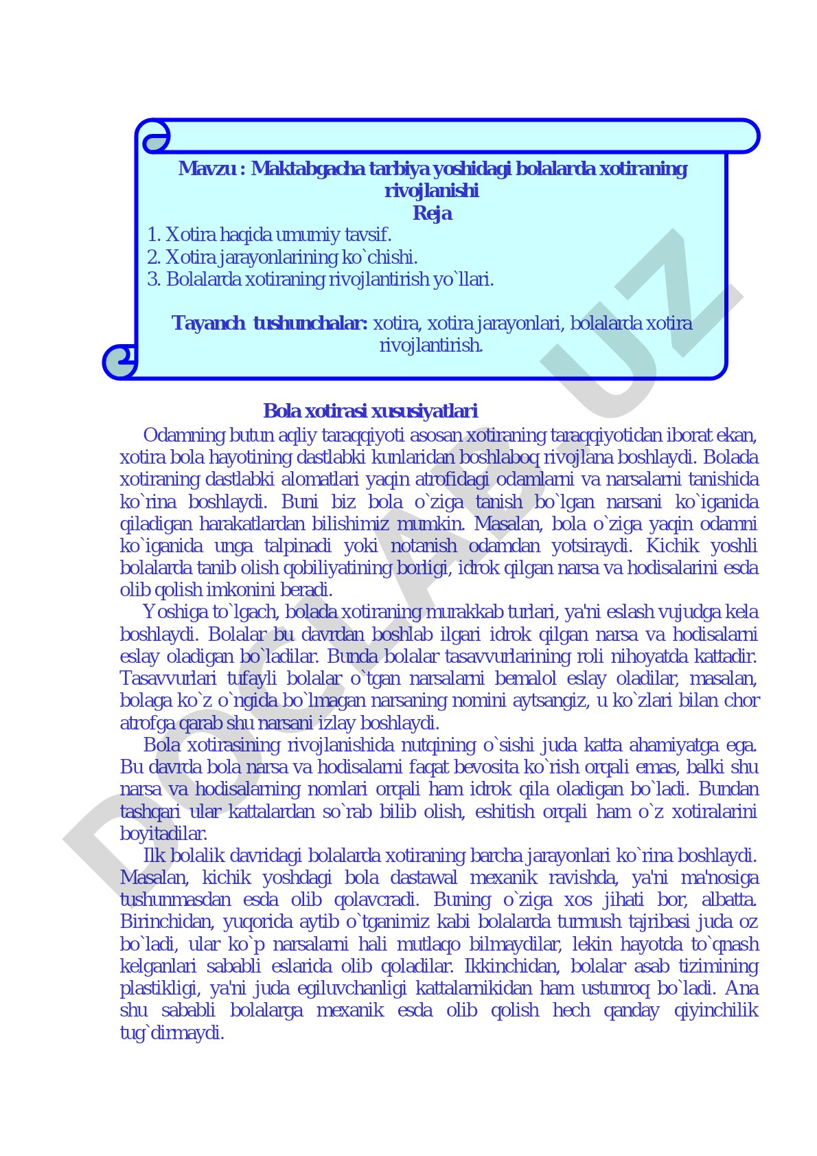 Bola xotirasi xususiyatlari