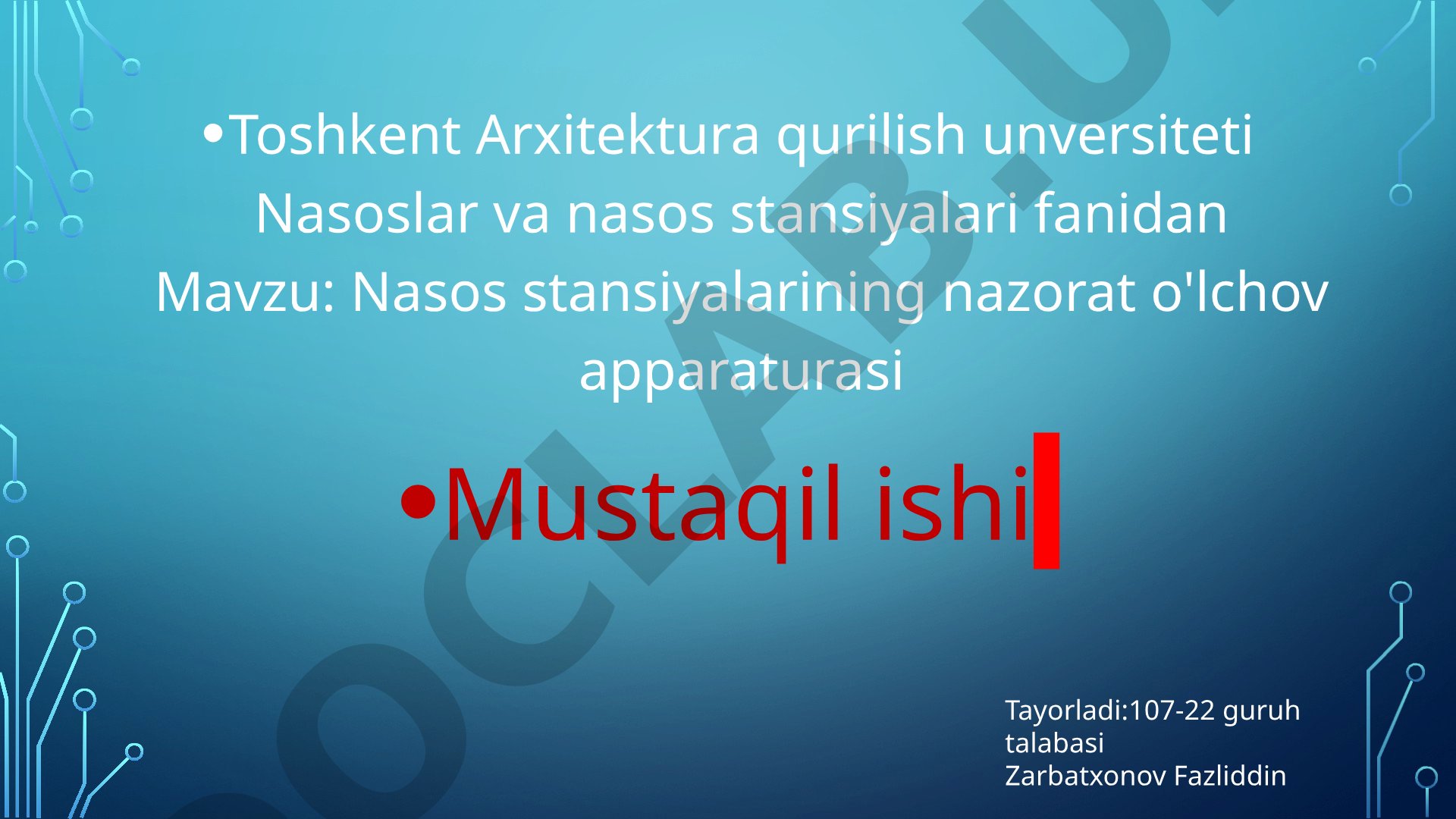 Nasos stansiyalarining nazorat o'lchov apparaturasi
