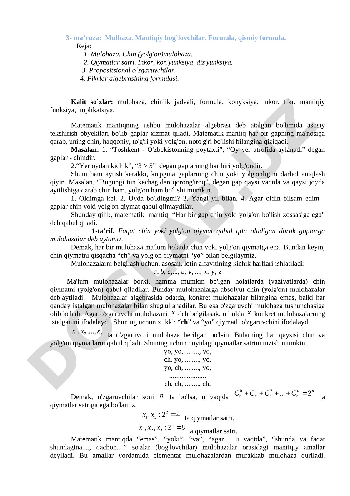 Mulhaza. Mantiqiy bog`lovchilar. Formula, qismiy formula.