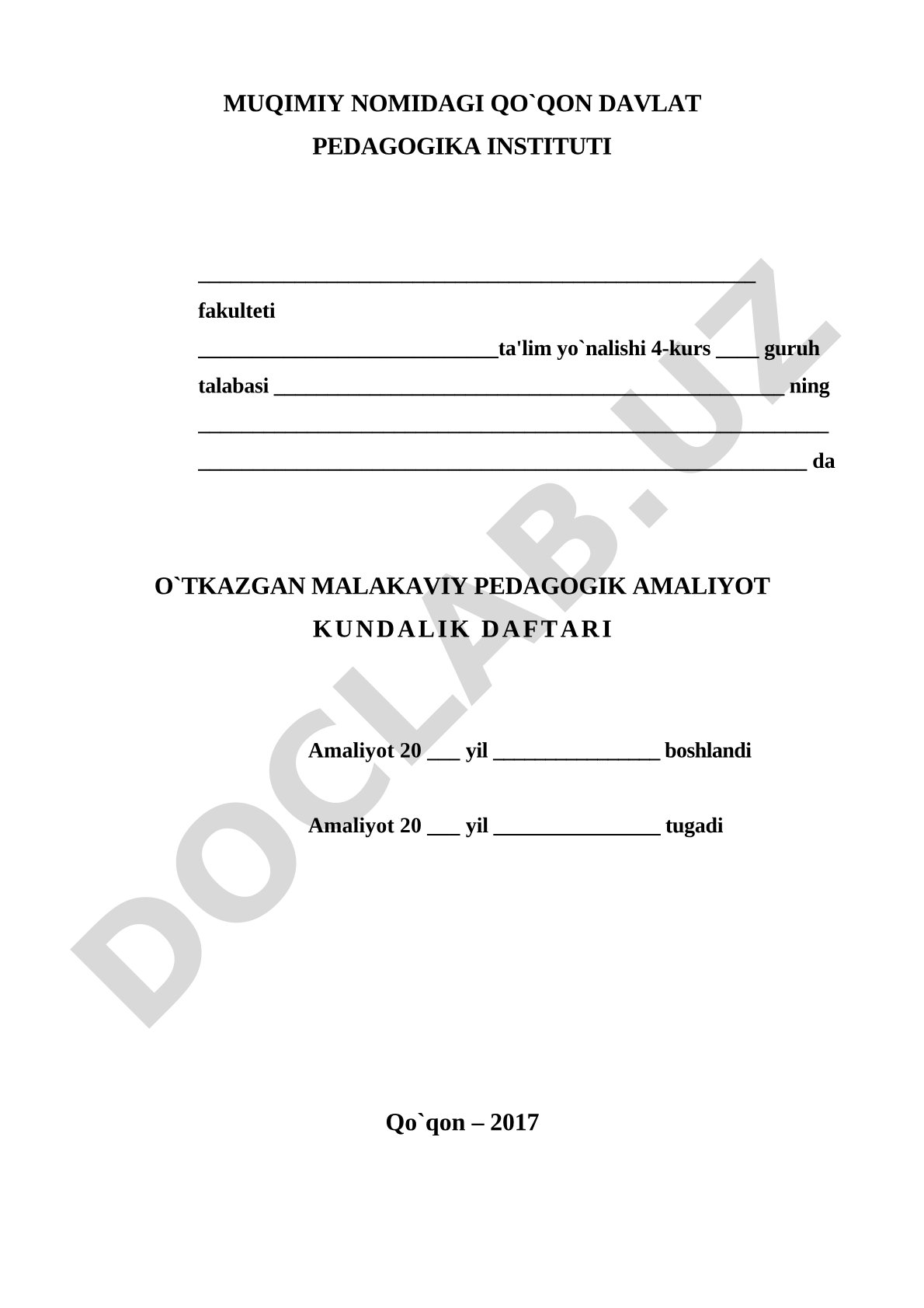 Malakaviy pedagogik amaliyot kundalik daftari
