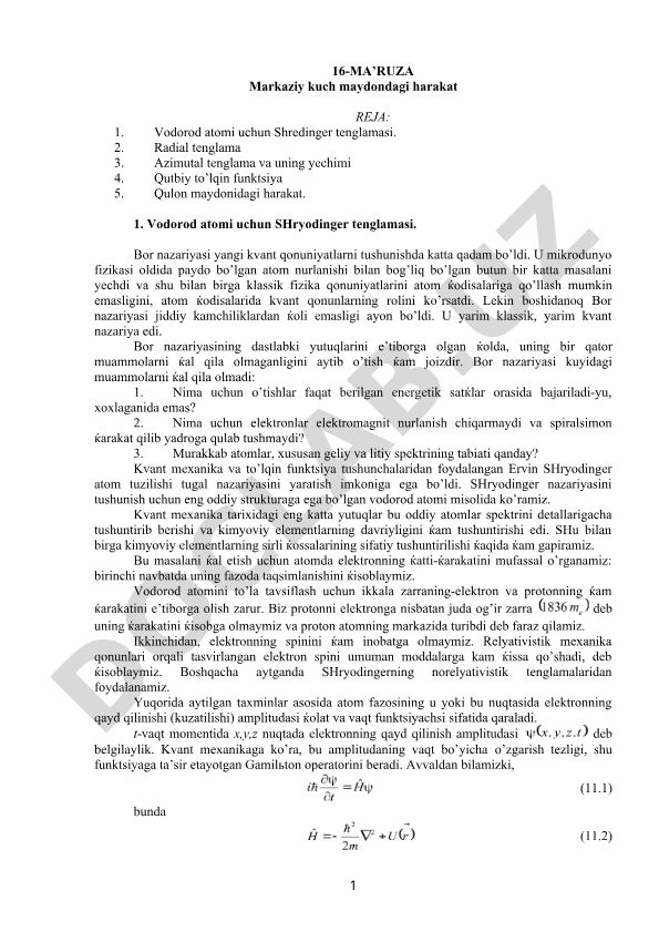 Markaziy kuch maydondagi harakat va vodorod atomi