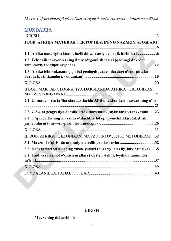 Afrika materigi tektonikasi o‘rganish tarixi mavzusini o‘qitish metodikasi