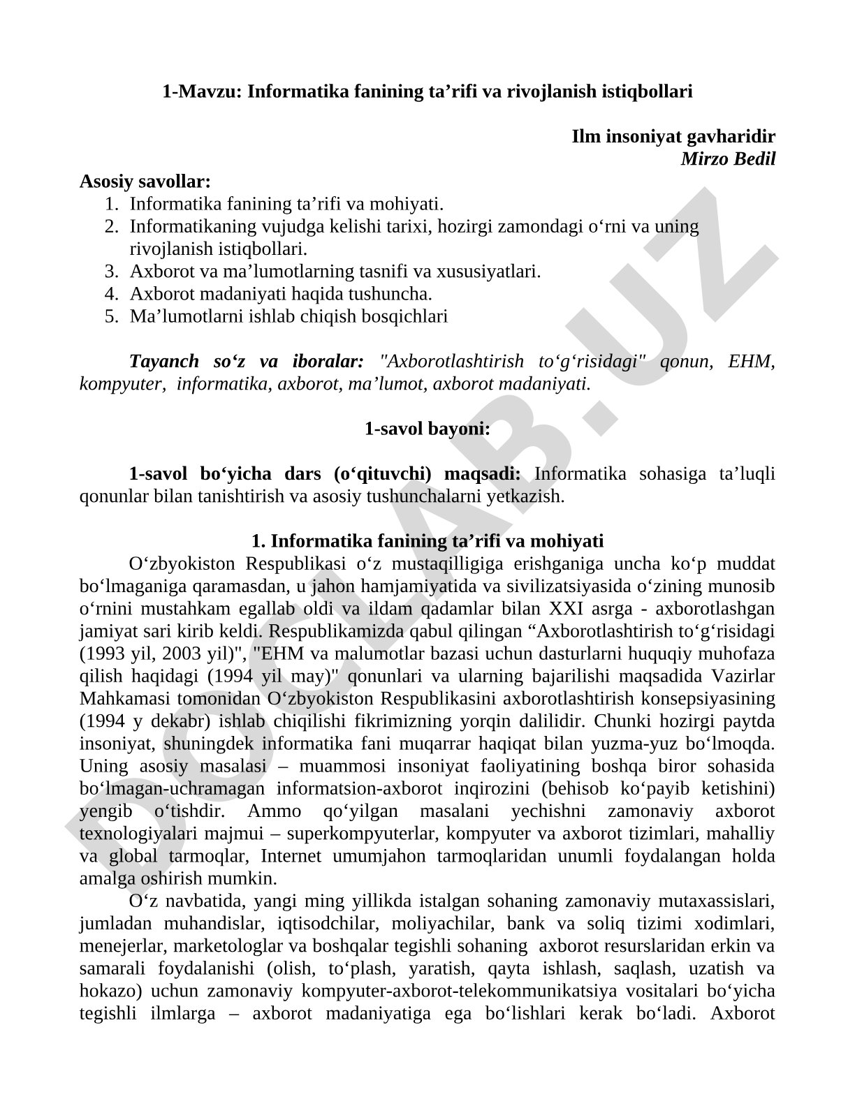 Informatika fanining ta’rifi va rivojlanish istiqbollari