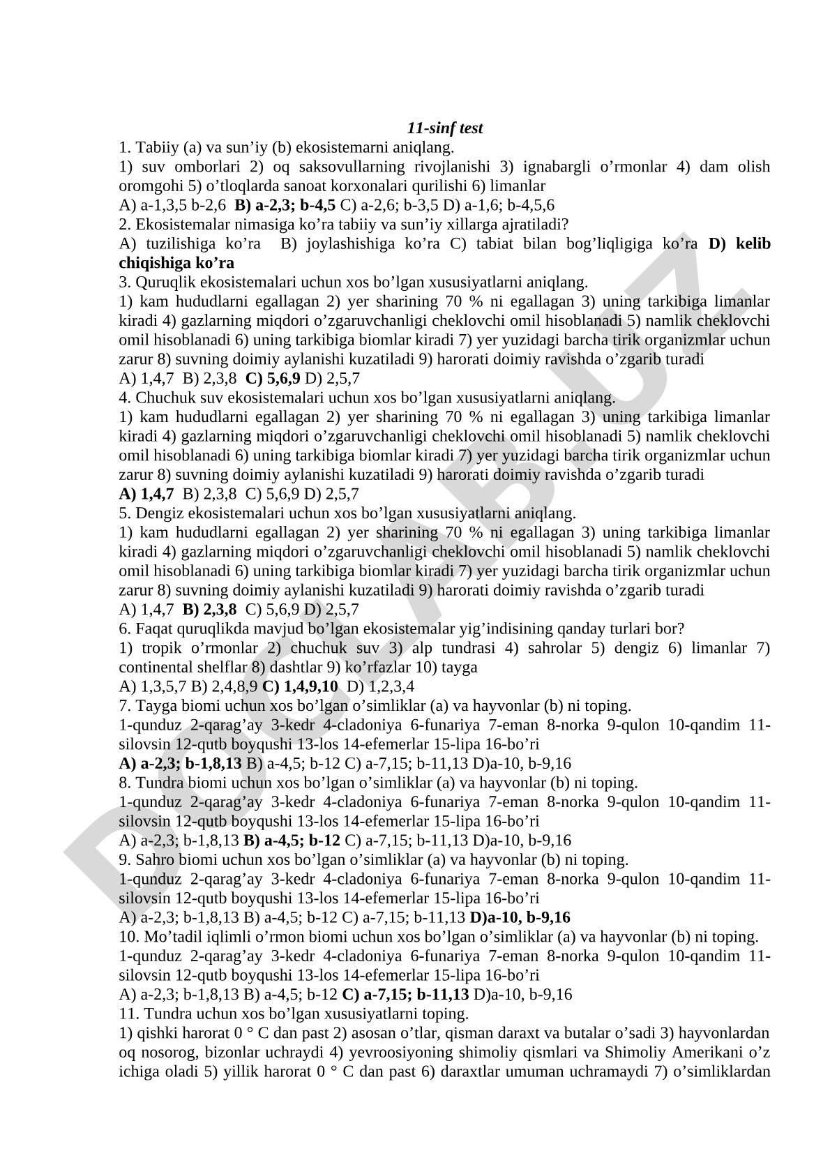 11-sinf tabiiy va sun'iy ekosistemalar testi