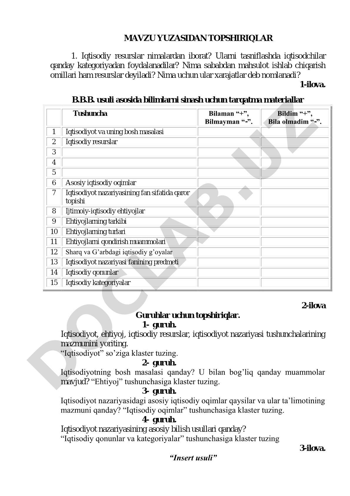 Iqtisodiy resurslar va iqtisodiyot nazariyasi bo'yicha topshiriqlar