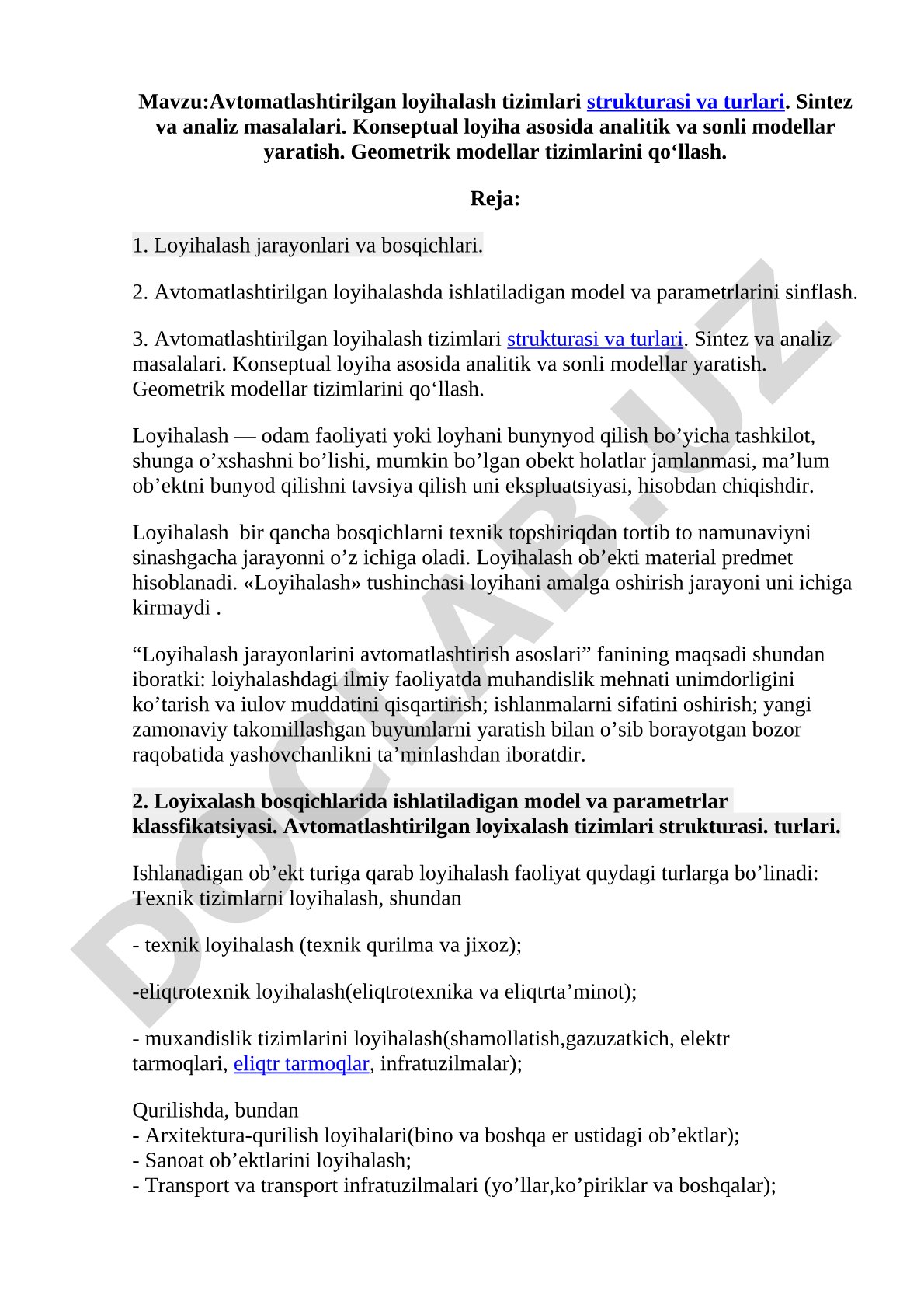 Avtomatlashtirilgan loyihalash tizimlari strukturasi va turlari. Sintez va analiz masalalari.
