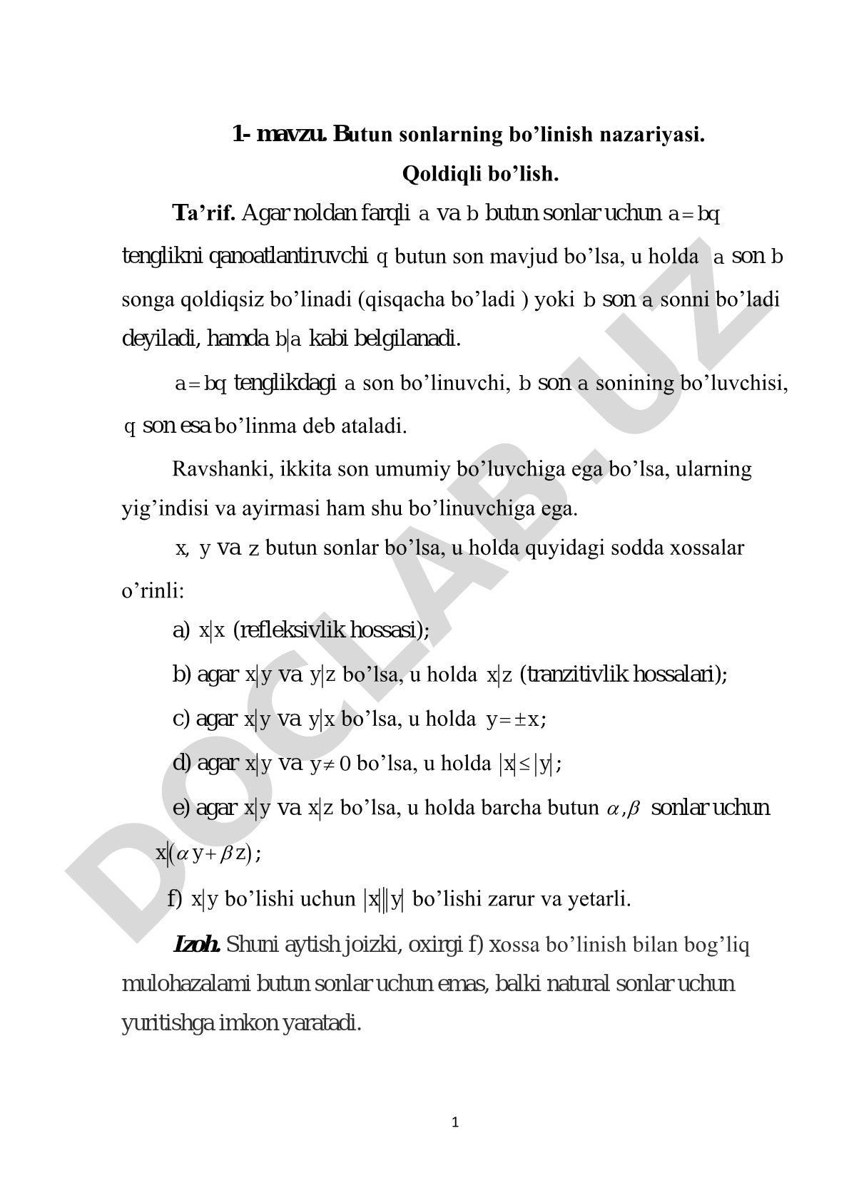 Butun sonlarning bo'linish nazariyasi. Qoldiqli bo'lish.